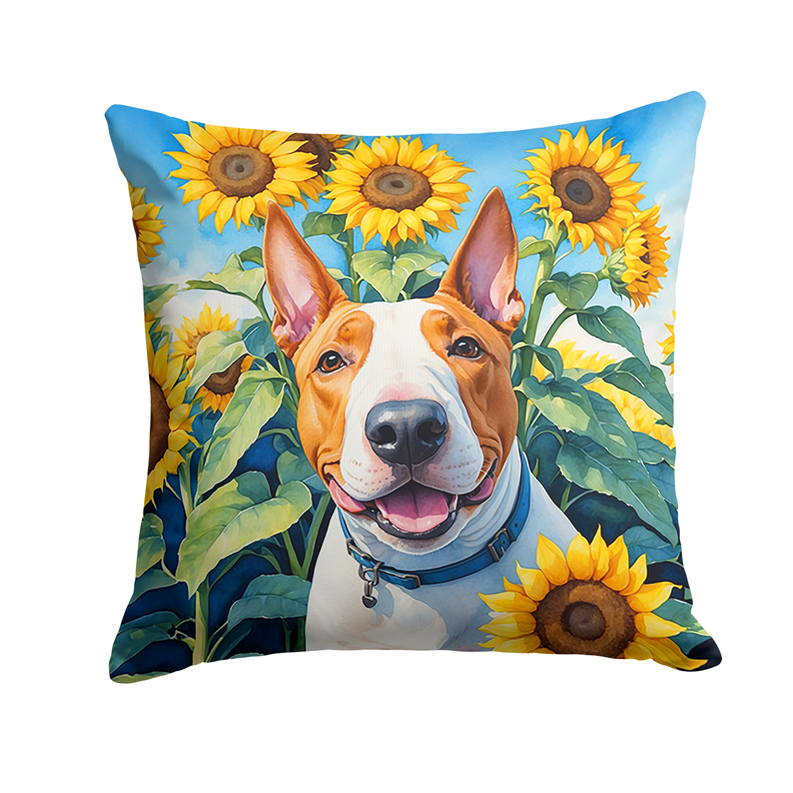 Square cushion cover with fox terrier portrait and bright sunflower and leaf pattern