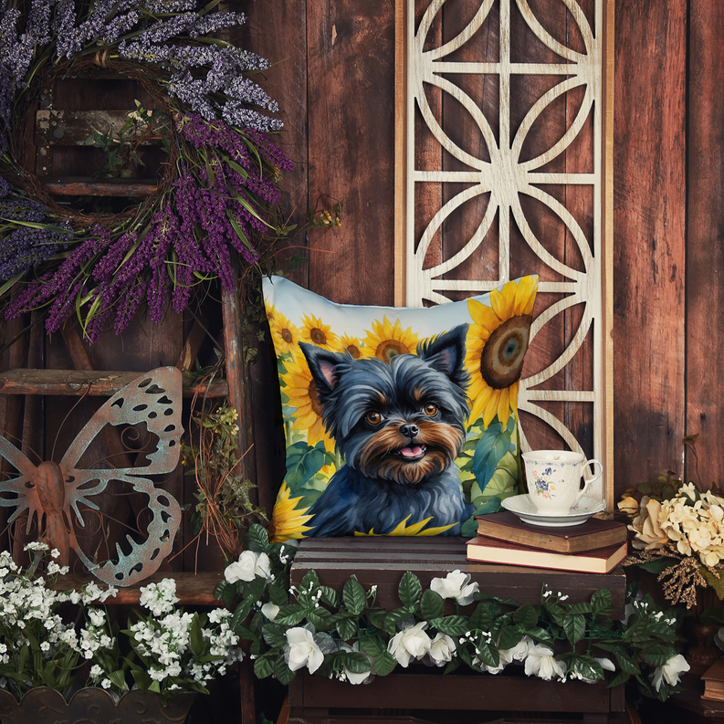 Alaskan Klee Kai in sunflowers decorative pillow on a wooden shelf