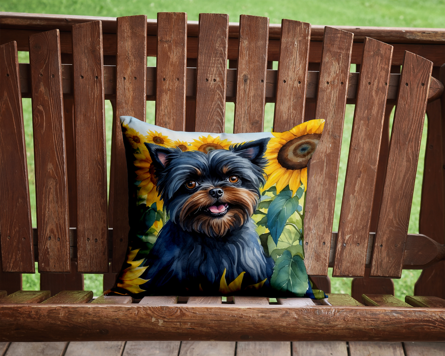 Decorative throw pillow with blue dog portrait and sunflower print, square