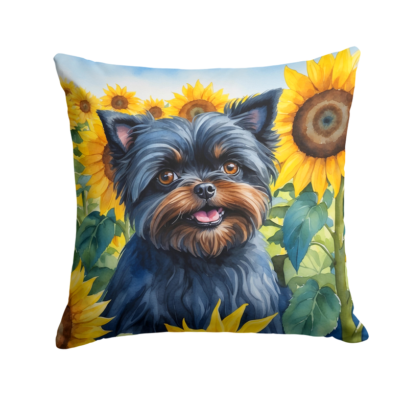 Square decorative pillow with blue dog face, sunflowers, and green leaves pattern