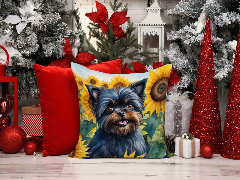 Square decorative pillow featuring a smiling blue dog portrait with sunflower scene