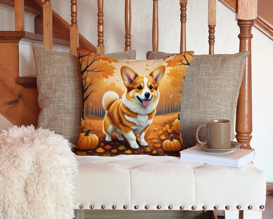 Quilted pot holder with a standing dog and autumn pumpkins in an orange scene