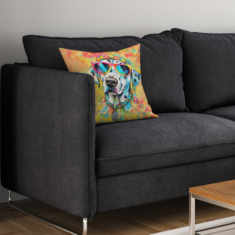 French bulldog throw pillow with colorful background and blue sunglasses on a dark couch