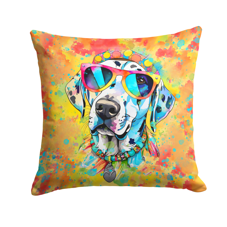Studio view of square dog-face throw pillow with blue sunglasses and bright colors