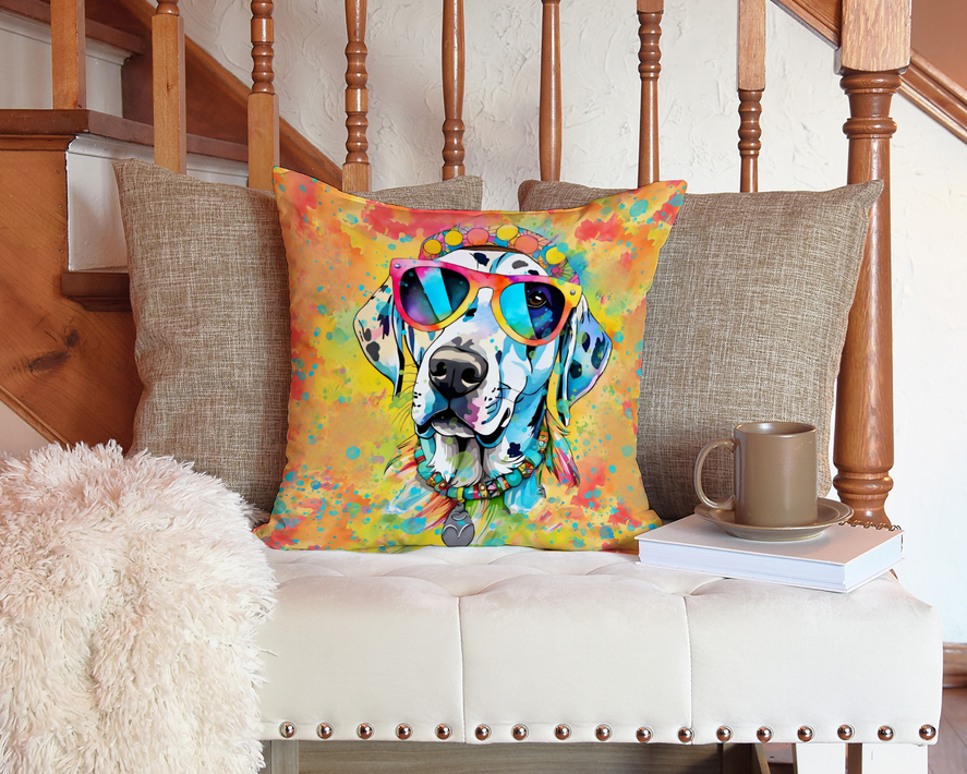 Square French bulldog throw pillow with colorful paint splatter and blue sunglasses