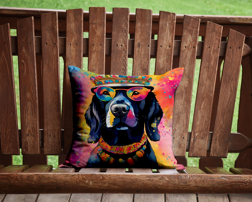 Square throw pillow with colorful Chocolate Labrador dog portrait and multicolor splash backdrop.