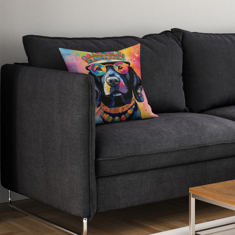 Square throw pillow with colorful Chocolate Labrador dog portrait on a dark gray sofa.