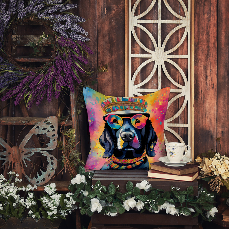 Square throw pillow with Chocolate Labrador dog portrait, colorful rainbow splash background on shelf setting.