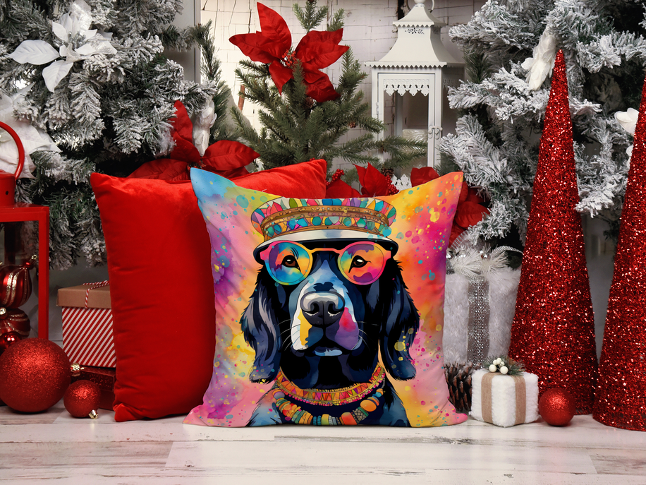 Square throw pillow with colorful Chocolate Labrador dog portrait among holiday decorations.