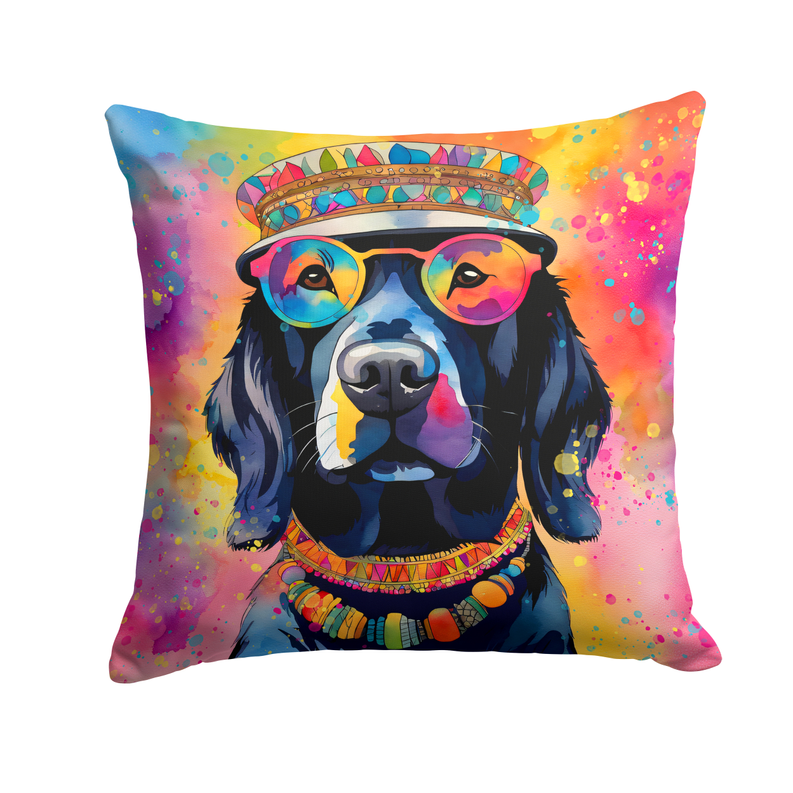 Square decorative pillow with close-up Chocolate Labrador dog portrait in colorful hat and glasses.