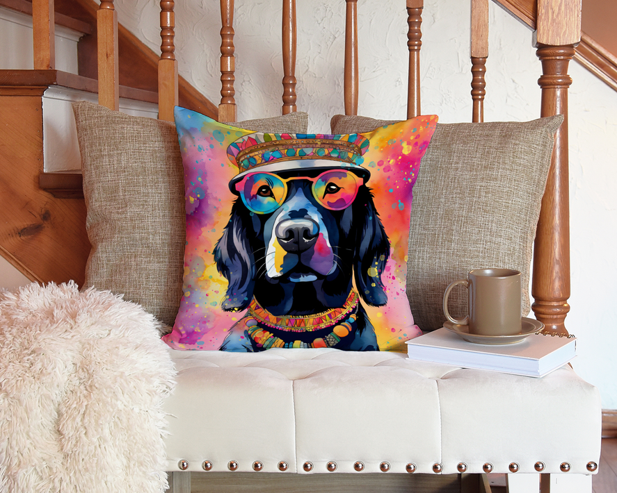 Square throw pillow with colorful Chocolate Labrador dog portrait on a cushioned chair.