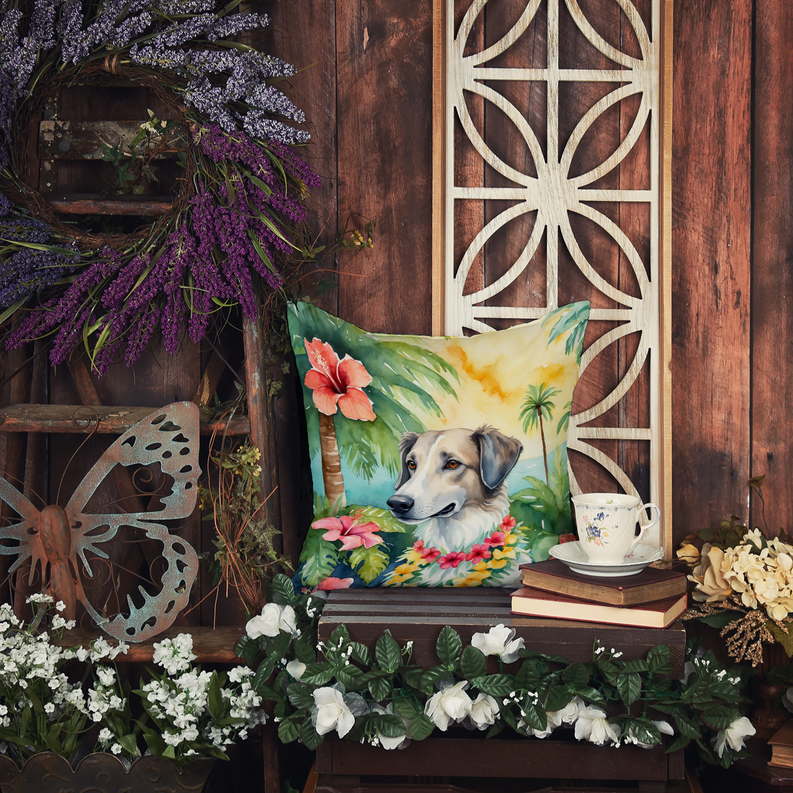 Decorative throw pillow with light-colored dog and tropical hibiscus and palm flowers