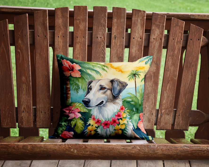 Decorative throw pillow with light-colored dog centered in tropical garden illustration