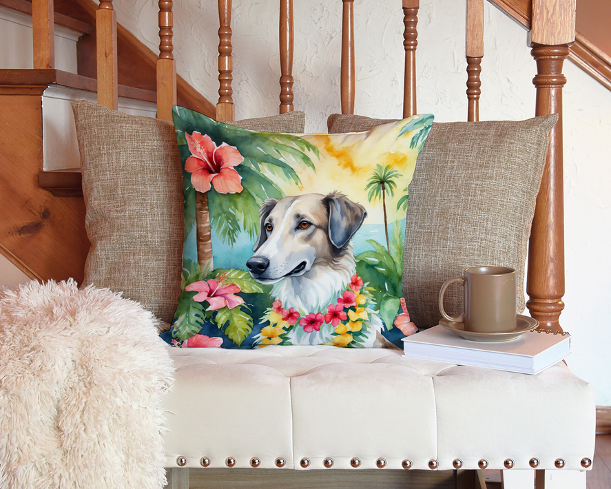 Decorative throw pillow with light-colored dog and tropical leaf and flower artwork