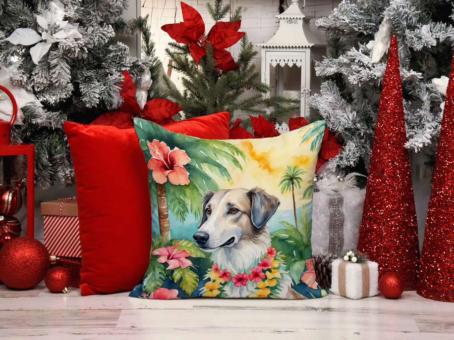 Decorative throw pillow featuring a light-colored dog with colorful tropical flowers