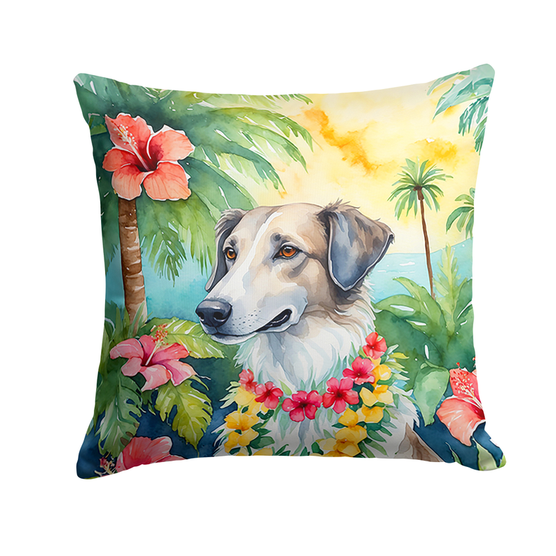 Decorative throw pillow with light-colored dog and tropical hibiscus flower print