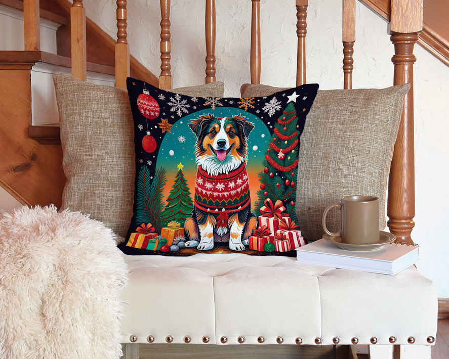 Christmas throw pillow with bearded collie wearing festive sweater, trees and gifts