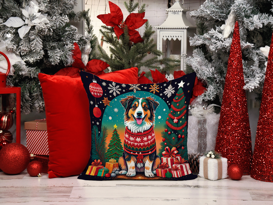 Christmas throw pillow with bearded collie in holiday sweater, trees, ornaments and gifts