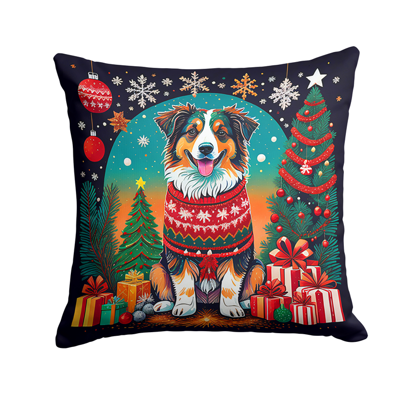 Square Christmas throw pillow with bearded collie, ornaments, trees, and wrapped gifts