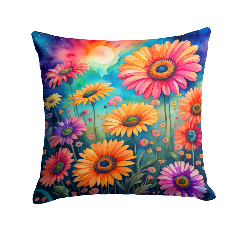Square throw pillow with vibrant multicolor flower print and blue background