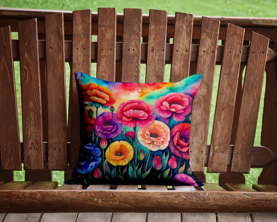 Chrysanthemum pot holder pillow on wooden fence, square cushion with colorful flower bouquet