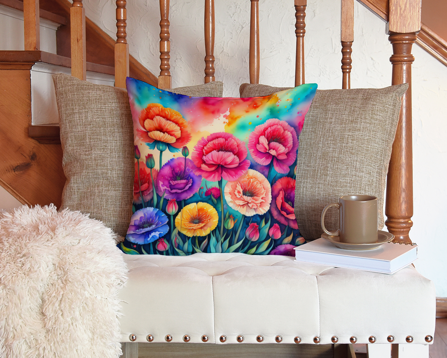 Chrysanthemum pot holder pillow, square multicolor floral cushion on upholstered sofa
