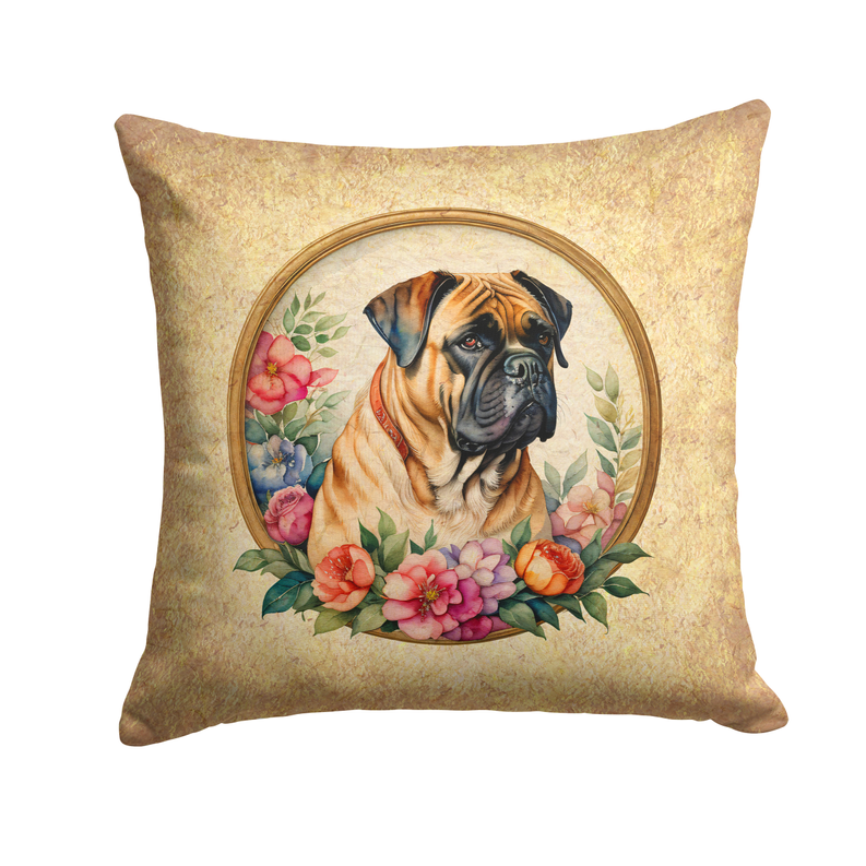 Square beige cushion/coaster with fawn dog portrait and colorful floral wreath