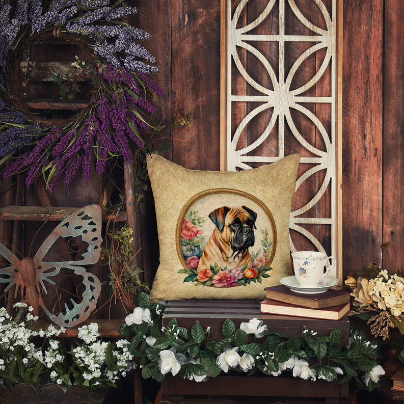 Beige decorative cushion or coaster with fawn dog portrait surrounded by flowers