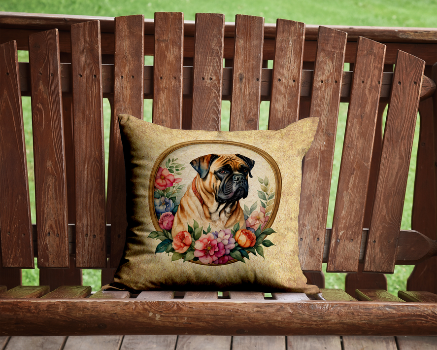 Beige foam coaster with black-bordered artwork of a fawn dog in a flower wreath