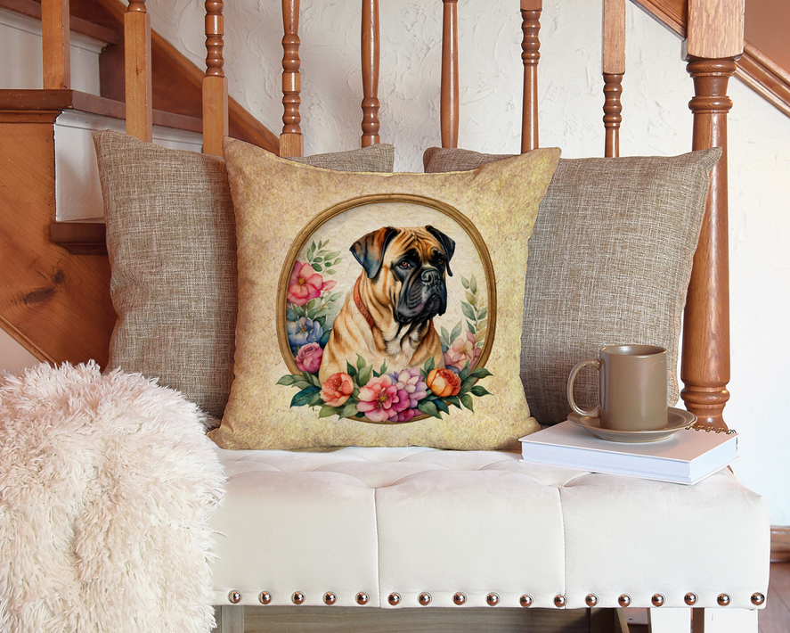 Square foam coaster design: fawn dog portrait framed by a floral wreath on beige