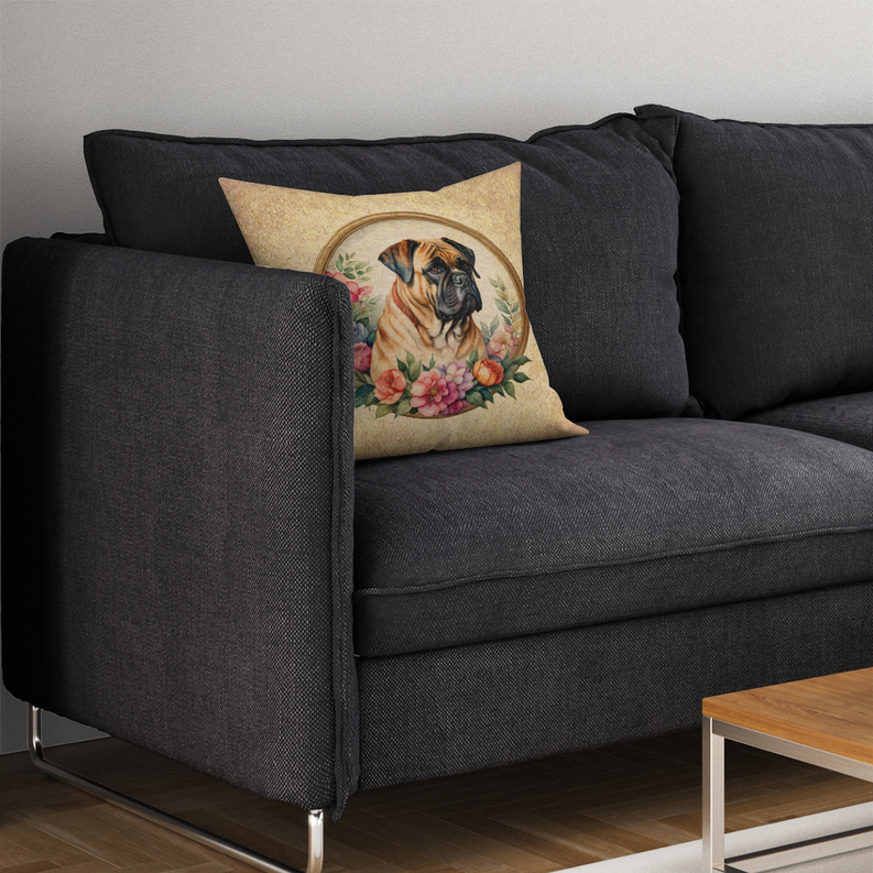 Decorative square throw pillow with fawn dog portrait and floral wreath illustration