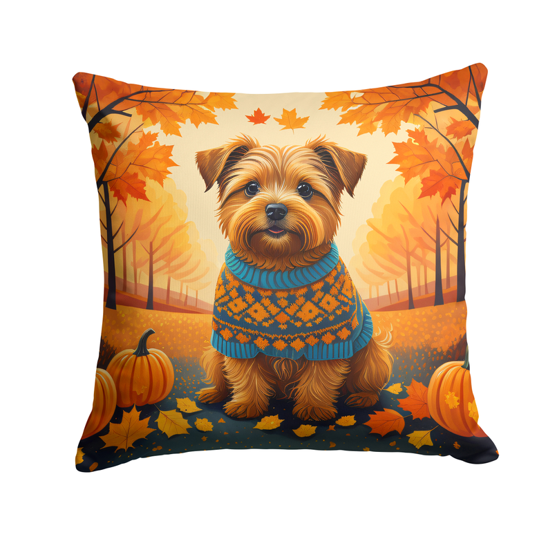 Square Rhodesian Ridgeback throw pillow with orange autumn leaves and pumpkins.
