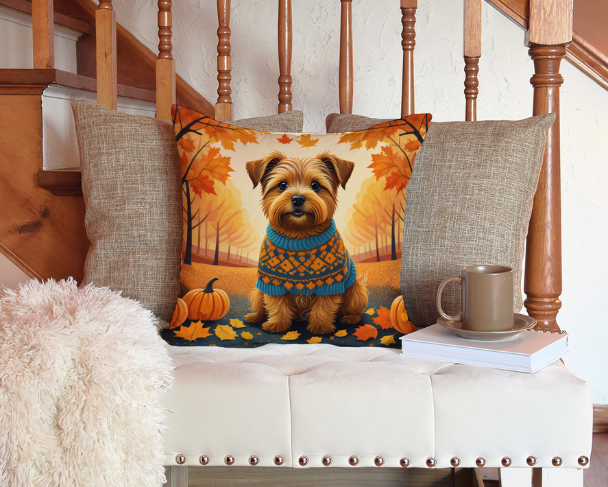 Foam coaster with fall leaves, pumpkins, and a dog in a blue sweater