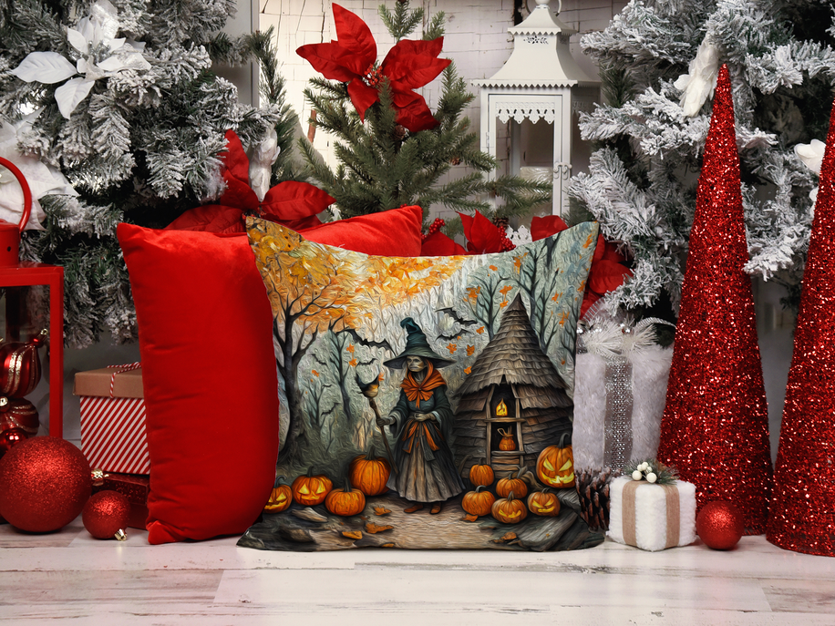 Spooky Halloween foam coaster with witch, haunted hut, and pumpkins on a holiday table