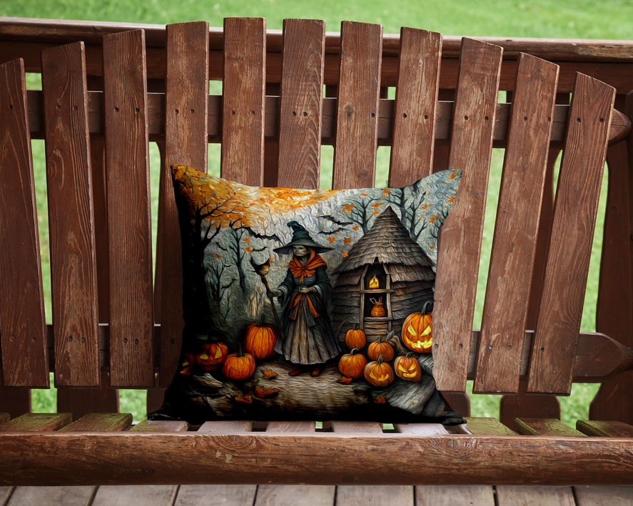 Spooky Halloween foam coaster with haunted hut, witch, and jack-o’-lantern border design