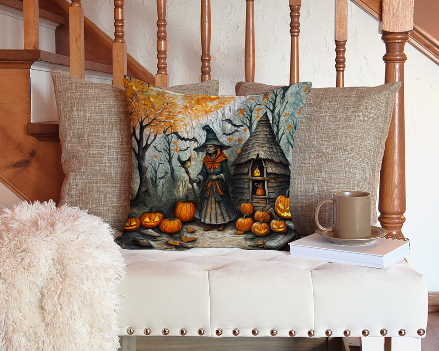 Spooky Halloween foam coaster with witch, haunted hut, and carved pumpkins scene