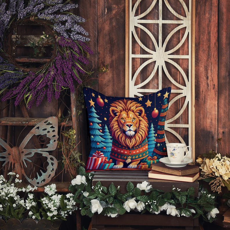 Lion Christmas pot holder with lion artwork, ornaments, gifts, and holiday trees