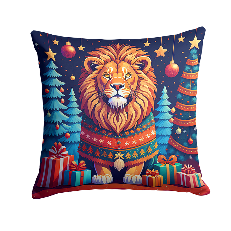 Lion Christmas pot holder with navy background, roaring lion in sweater, ornaments and gifts