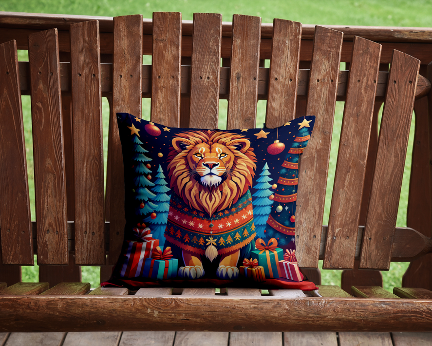 Lion Christmas pot holder with colorful winter scene, lion in sweater, gifts and pine trees
