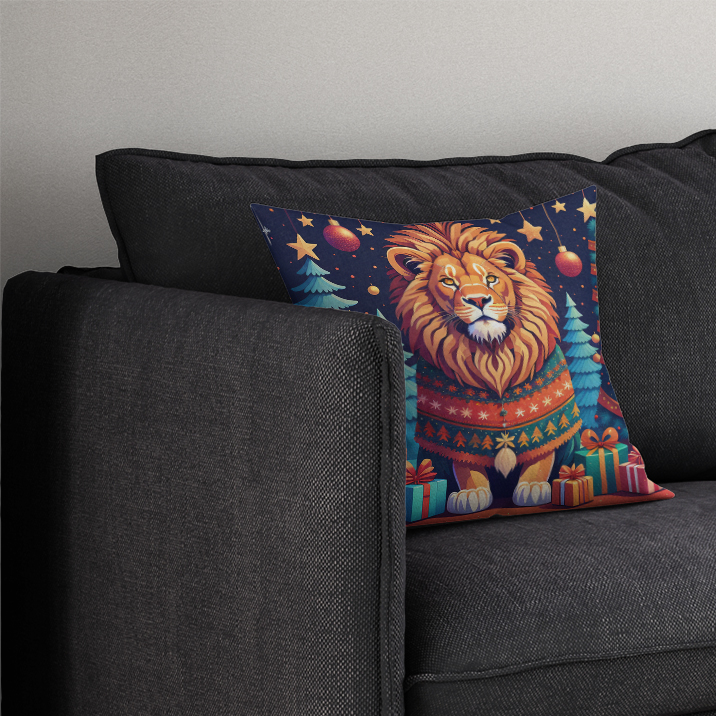 Lion Christmas pot holder with navy design, lion face in sweater, presents and festive trees