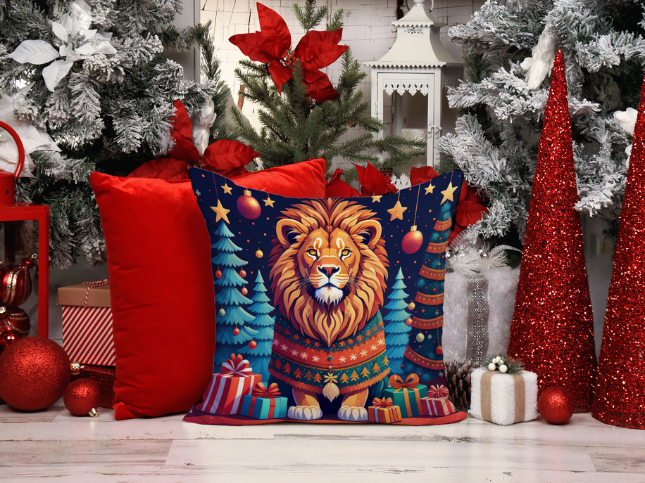 Lion Christmas pot holder with navy background, lion in sweater, stars, trees, and gifts