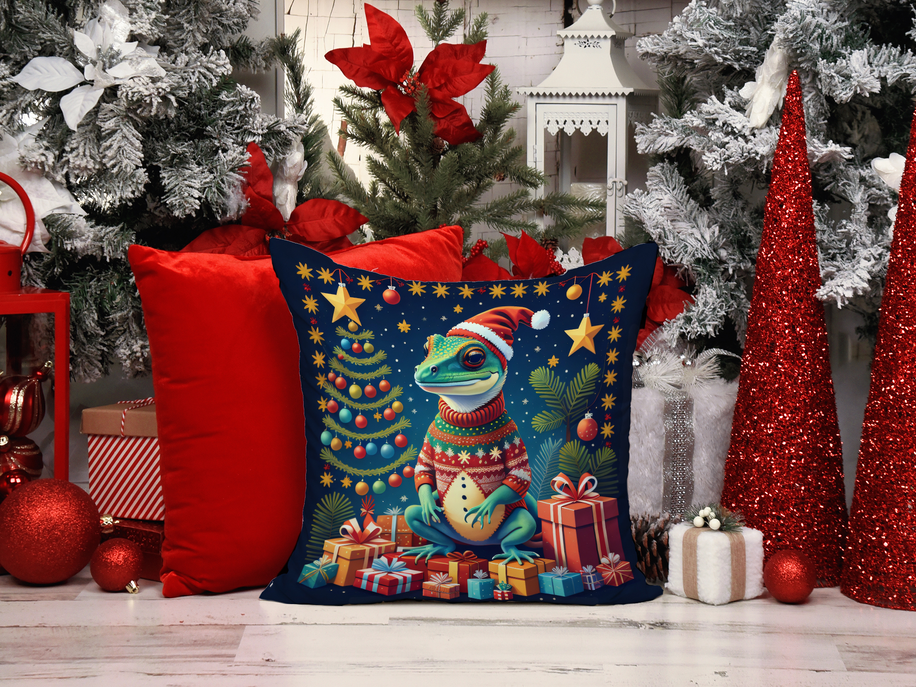 Pair of Christmas pot holders with colorful animal-and-gifts artwork on navy background