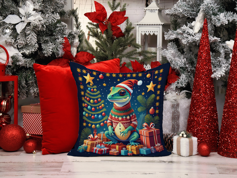Blue Christmas throw pillow with cartoon green creature, trees and gift boxes