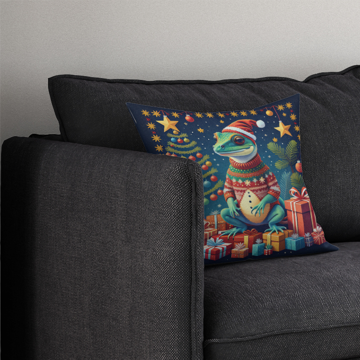 Christmas pot holder with navy fabric and colorful teal animal holding gifts artwork