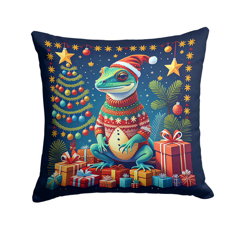 Navy Christmas pot holder with teal animal wearing sweater and presents, star accents