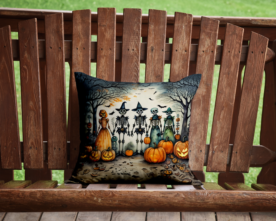 Halloween foam coaster outdoors on a wooden bench with a haunted graveyard skeleton and pumpkin scene.
