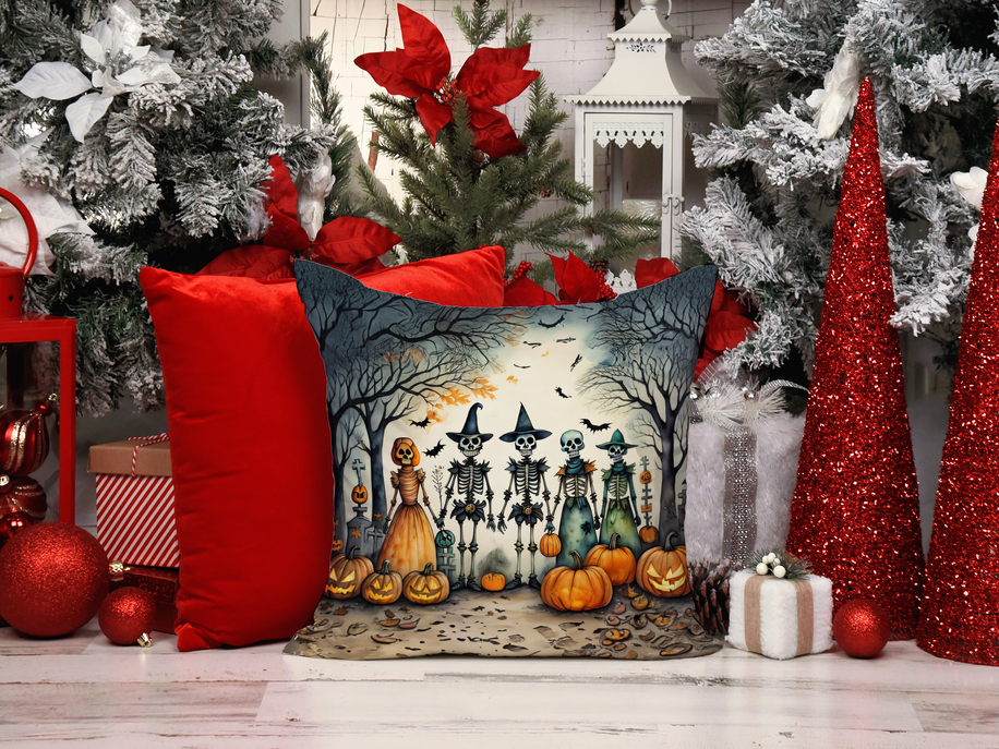 Halloween foam coaster with skeleton lineup and pumpkin icons in a haunted graveyard scene.