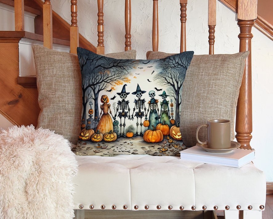 Halloween foam coaster with graveyard skeletons, pumpkins and trees illustration on a dark blue background.