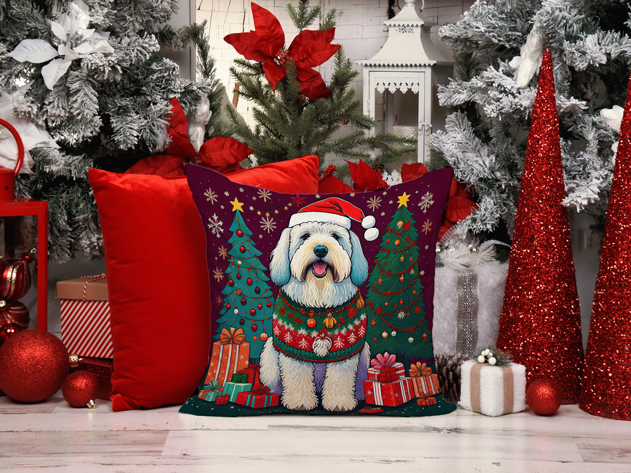 Red foam Christmas coaster with toy poodle and colorful holiday tree border
