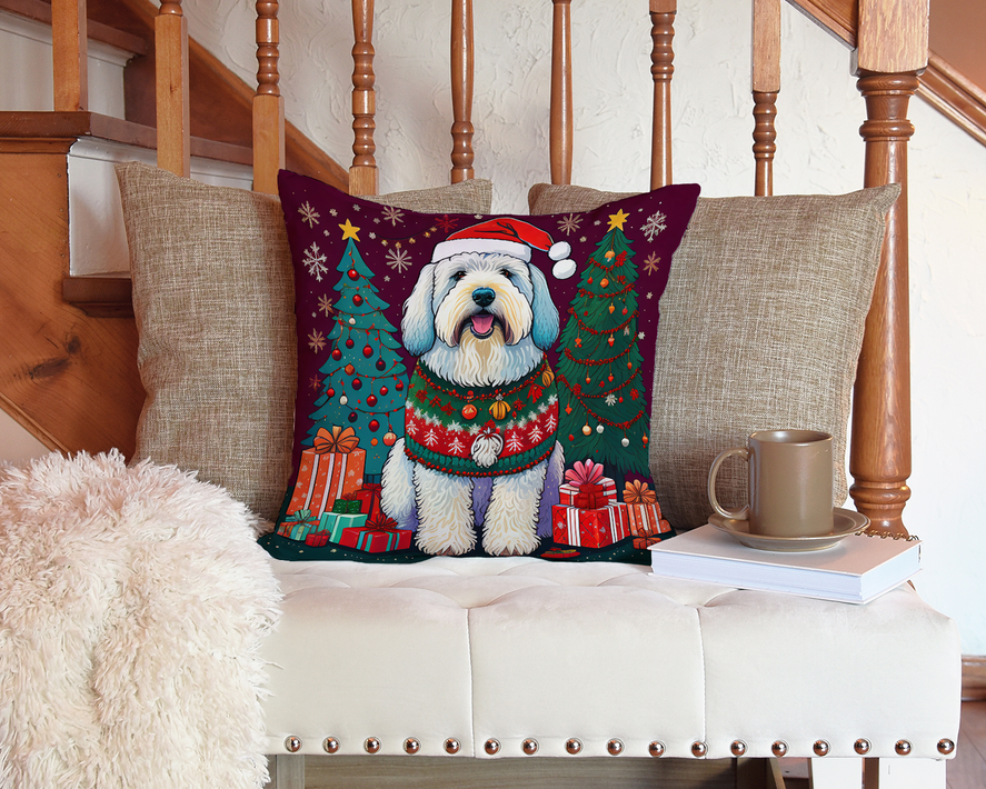 Toy poodle Christmas foam coaster on a sofa arm with cup and book nearby